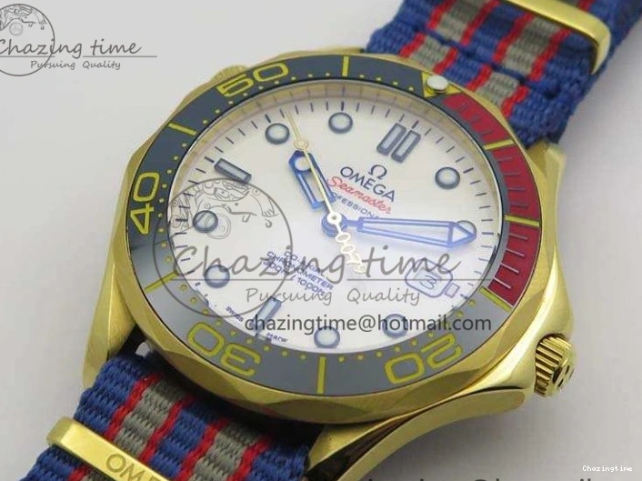 0327 Modern Seamaster 300M 007 YG URF 1:1 Best Edition White Dial Ceramic Bezel On Nylon Strap A 8115